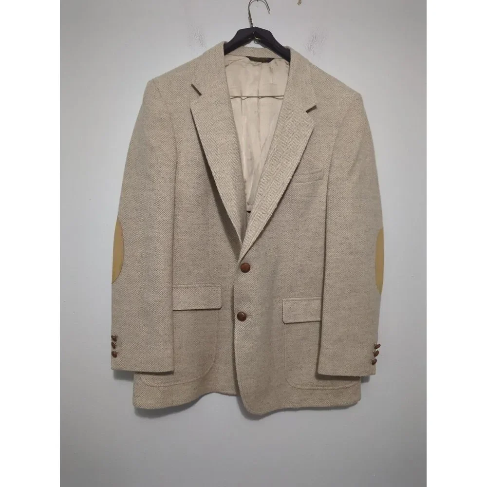 Adams Row Mens 100%‎ Wool Herringbone Blazer Beige Tan Elbow Patches Sport Coat